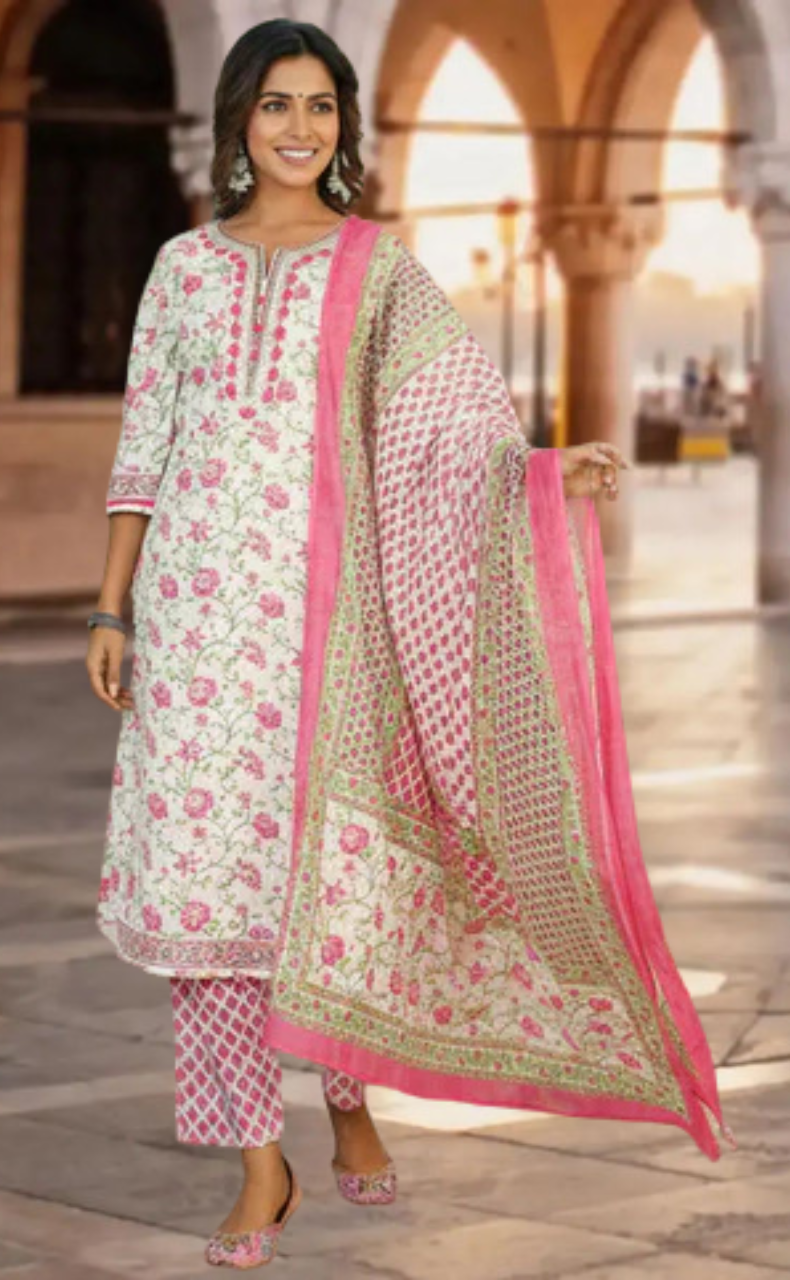 White/Pink Floral Jaipur Cotton Kurti With Pant And Dupatta Set. Pure Versatile Cotton. | Laces and Frills - Laces and Frills