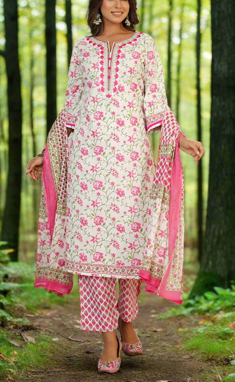 White/Pink Floral Jaipur Cotton Kurti With Pant And Dupatta Set. Pure Versatile Cotton. | Laces and Frills