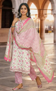 White/Pink Floral Jaipur Cotton Kurti With Pant And Dupatta Set. Pure Versatile Cotton. | Laces and Frills - Laces and Frills