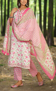 White/Pink Floral Jaipur Cotton Kurti With Pant And Dupatta Set. Pure Versatile Cotton. | Laces and Frills