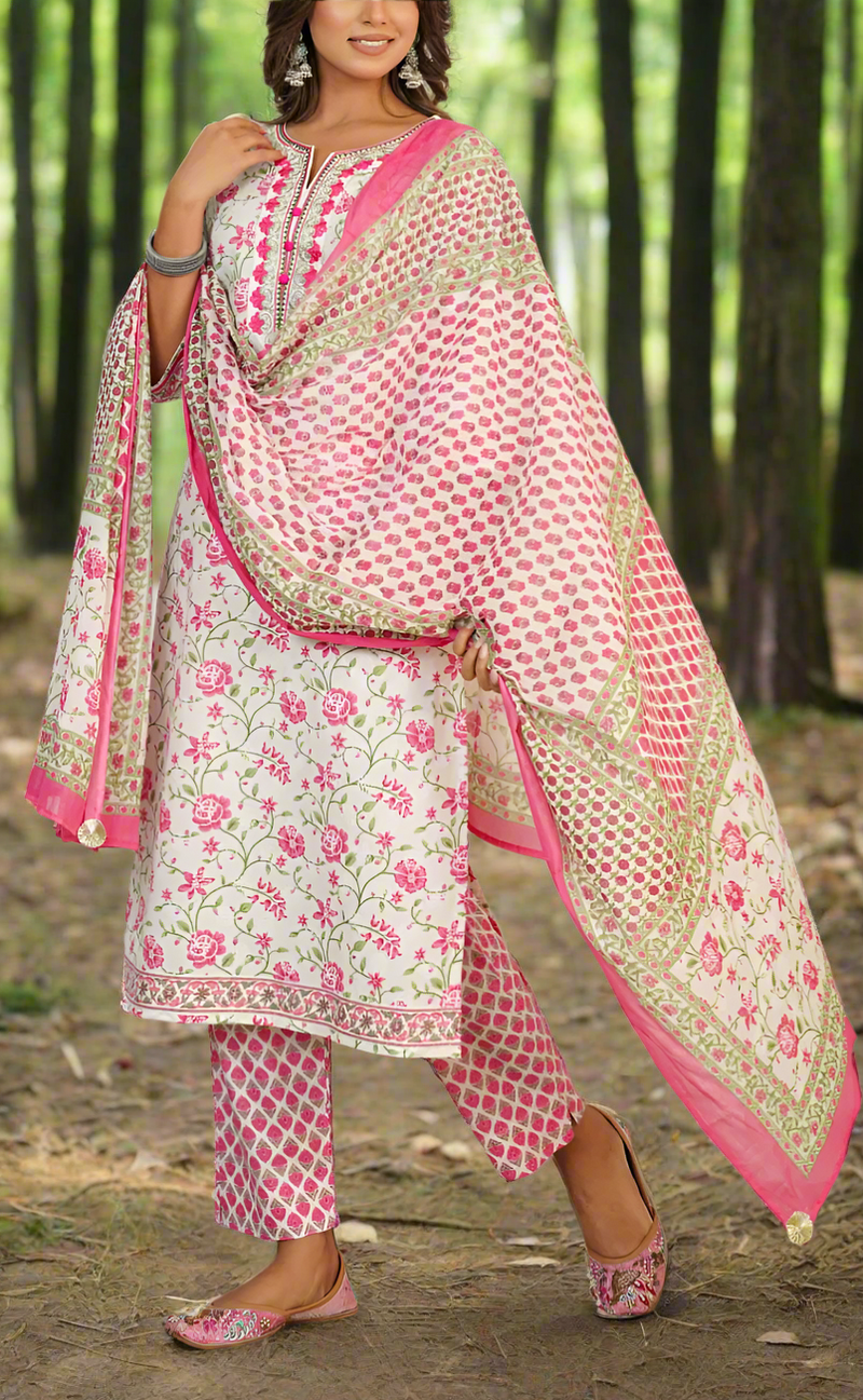 White/Pink Floral Jaipur Cotton Kurti With Pant And Dupatta Set. Pure Versatile Cotton. | Laces and Frills