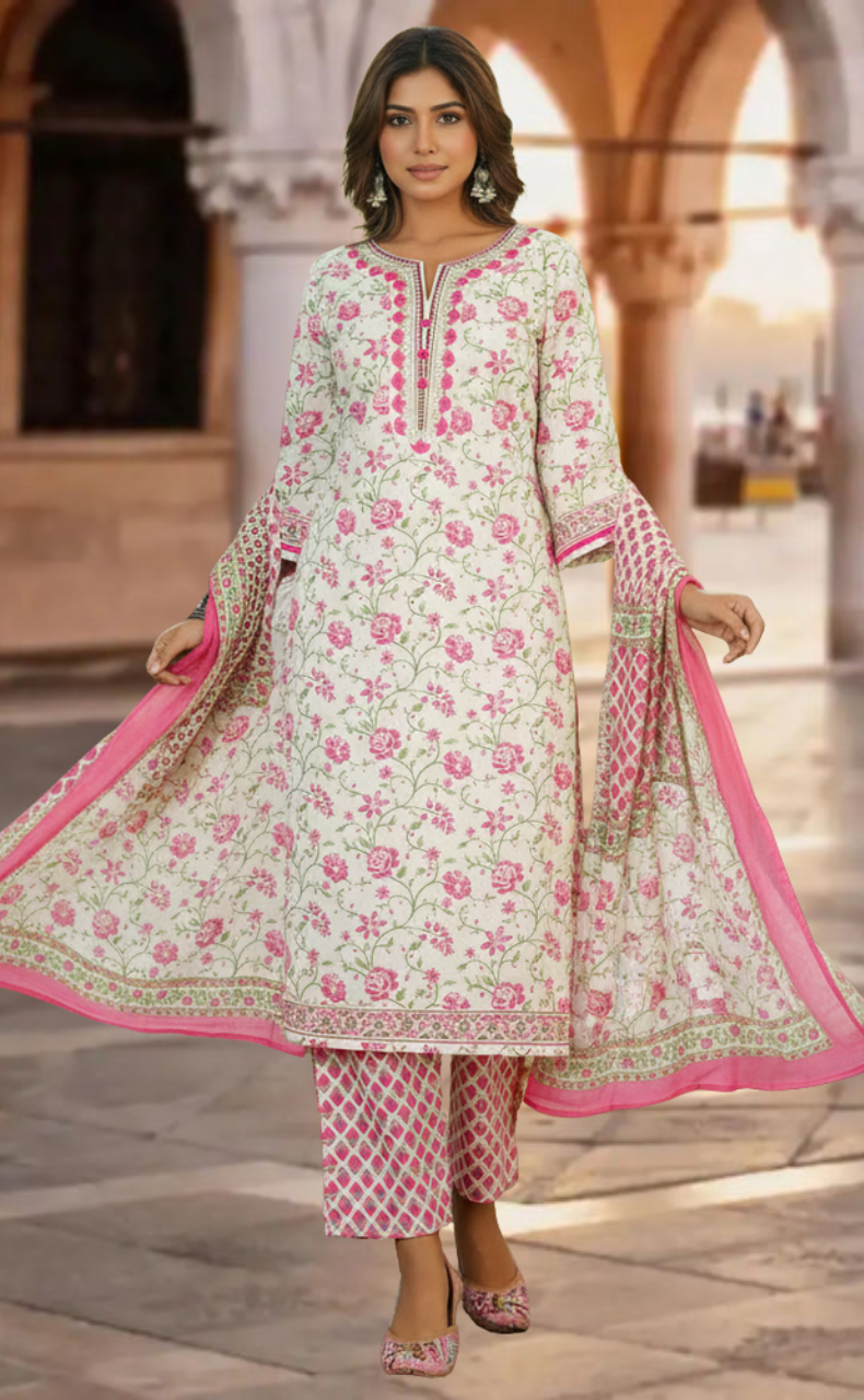 White/Pink Floral Jaipur Cotton Kurti With Pant And Dupatta Set. Pure Versatile Cotton. | Laces and Frills - Laces and Frills