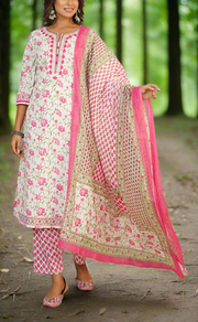 White/Pink Floral Jaipur Cotton Kurti With Pant And Dupatta Set. Pure Versatile Cotton. | Laces and Frills