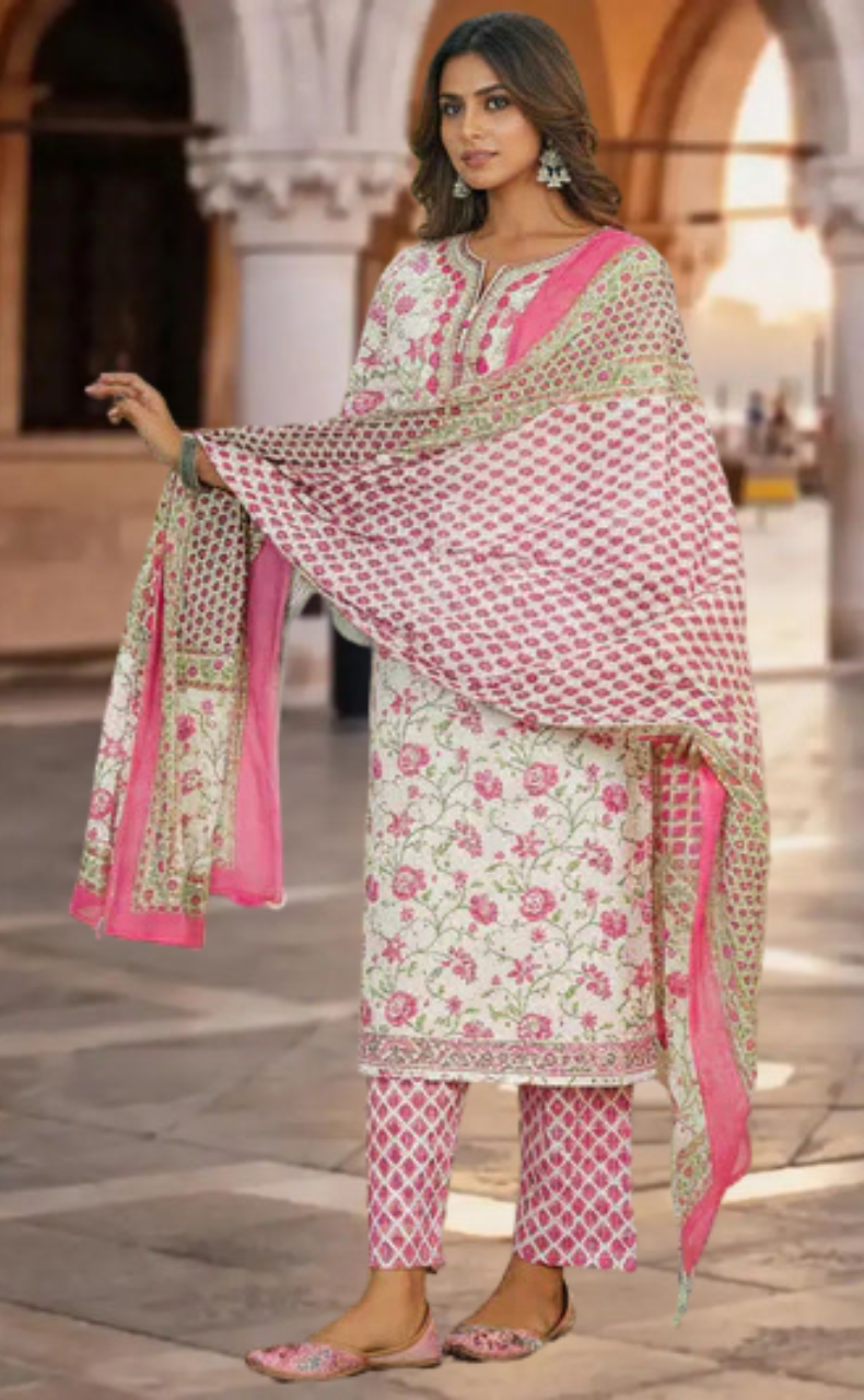 White/Pink Floral Jaipur Cotton Kurti With Pant And Dupatta Set. Pure Versatile Cotton. | Laces and Frills - Laces and Frills