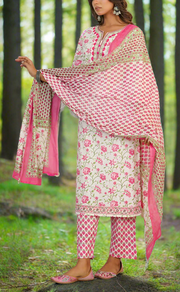 White/Pink Floral Jaipur Cotton Kurti With Pant And Dupatta Set. Pure Versatile Cotton. | Laces and Frills