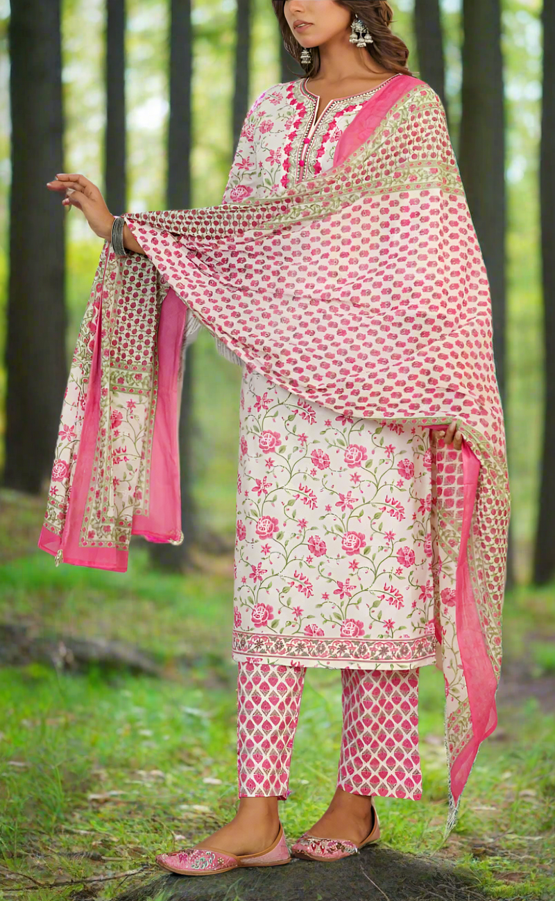 White/Pink Floral Jaipur Cotton Kurti With Pant And Dupatta Set. Pure Versatile Cotton. | Laces and Frills