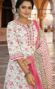 White/Pink Floral Jaipur Cotton Kurti With Pant And Dupatta Set. Pure Versatile Cotton. | Laces and Frills - Laces and Frills