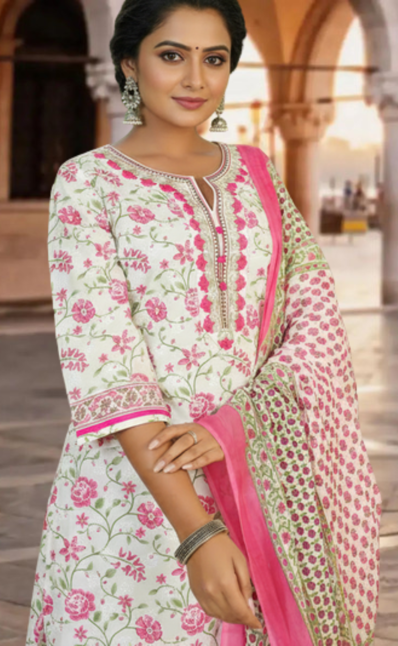 White/Pink Floral Jaipur Cotton Kurti With Pant And Dupatta Set. Pure Versatile Cotton. | Laces and Frills - Laces and Frills
