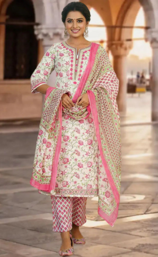 White/Pink Floral Jaipur Cotton Kurti With Pant And Dupatta Set. Pure Versatile Cotton. | Laces and Frills - Laces and Frills