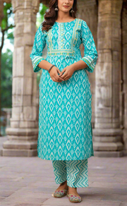 Sea Green Ikkat Print Jaipur Cotton Kurti With Pant And Dupatta Set. Pure Versatile Cotton. | Laces and Frills