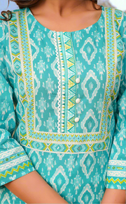 Sea Green Ikkat Print Jaipur Cotton Kurti With Pant And Dupatta Set. Pure Versatile Cotton. | Laces and Frills