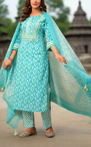 Sea Green Ikkat Print Jaipur Cotton Kurti With Pant And Dupatta Set. Pure Versatile Cotton. | Laces and Frills