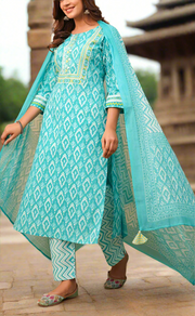 Sea Green Ikkat Print Jaipur Cotton Kurti With Pant And Dupatta Set. Pure Versatile Cotton. | Laces and Frills