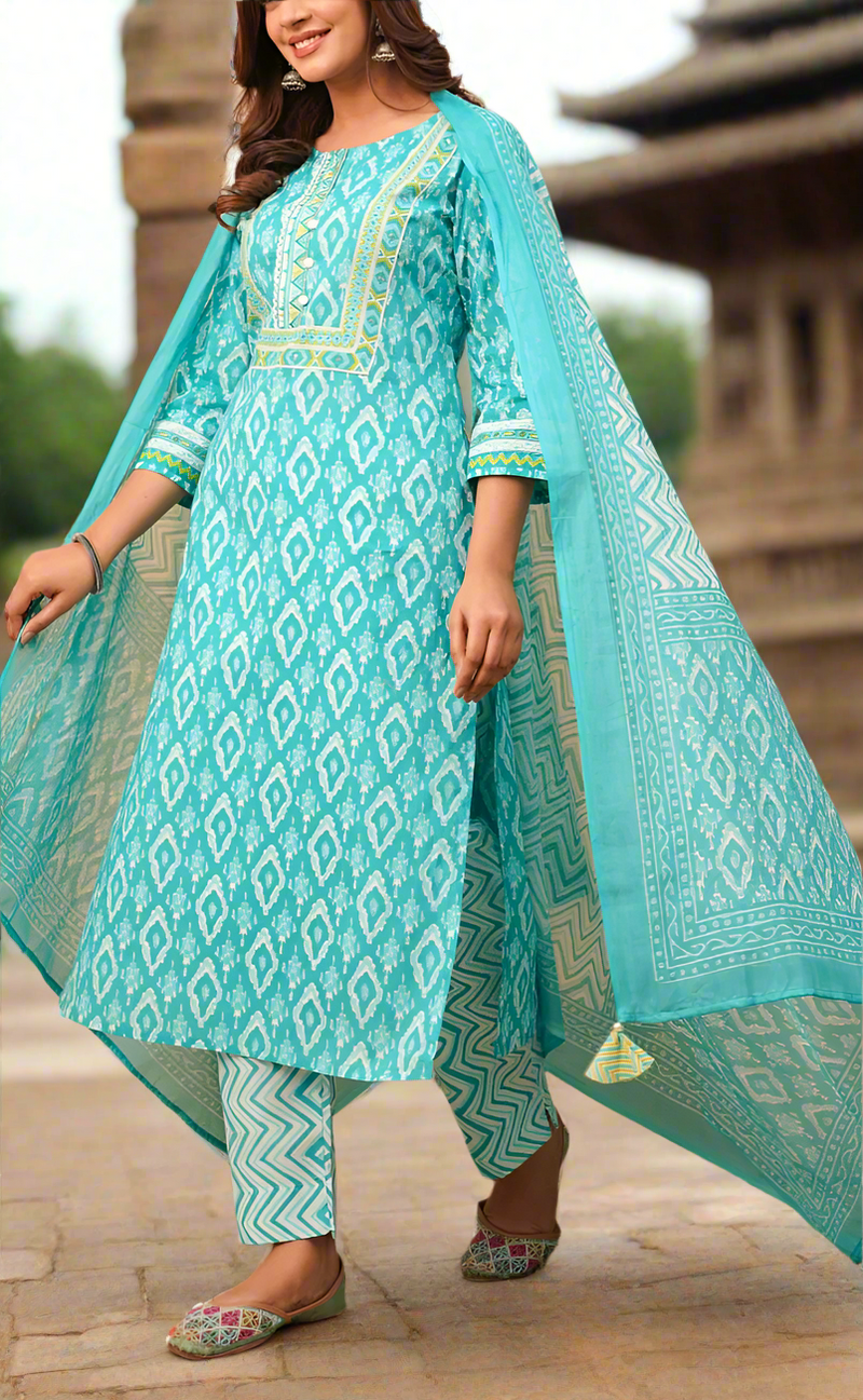 Sea Green Ikkat Print Jaipur Cotton Kurti With Pant And Dupatta Set. Pure Versatile Cotton. | Laces and Frills