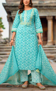 Sea Green Ikkat Print Jaipur Cotton Kurti With Pant And Dupatta Set. Pure Versatile Cotton. | Laces and Frills
