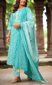 Sea Green Ikkat Print Jaipur Cotton Kurti With Pant And Dupatta Set. Pure Versatile Cotton. | Laces and Frills