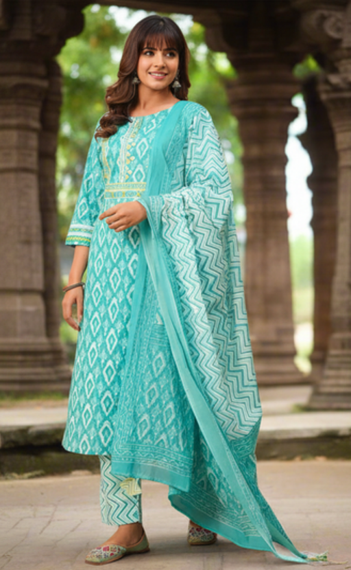 Sea Green Ikkat Print Jaipur Cotton Kurti With Pant And Dupatta Set. Pure Versatile Cotton. | Laces and Frills - Laces and Frills