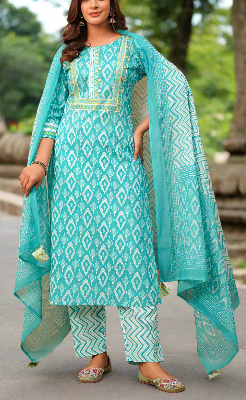 Sea Green Ikkat Print Jaipur Cotton Kurti With Pant And Dupatta Set. Pure Versatile Cotton. | Laces and Frills