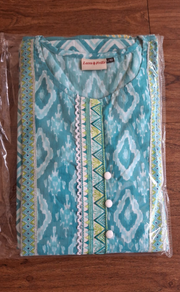 Sea Green Ikkat Print Jaipur Cotton Kurti With Pant And Dupatta Set. Pure Versatile Cotton. | Laces and Frills