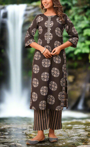 Black Ikkat Print Jaipur Cotton Kurti With Pant And Dupatta Set. Pure Versatile Cotton. | Laces and Frills
