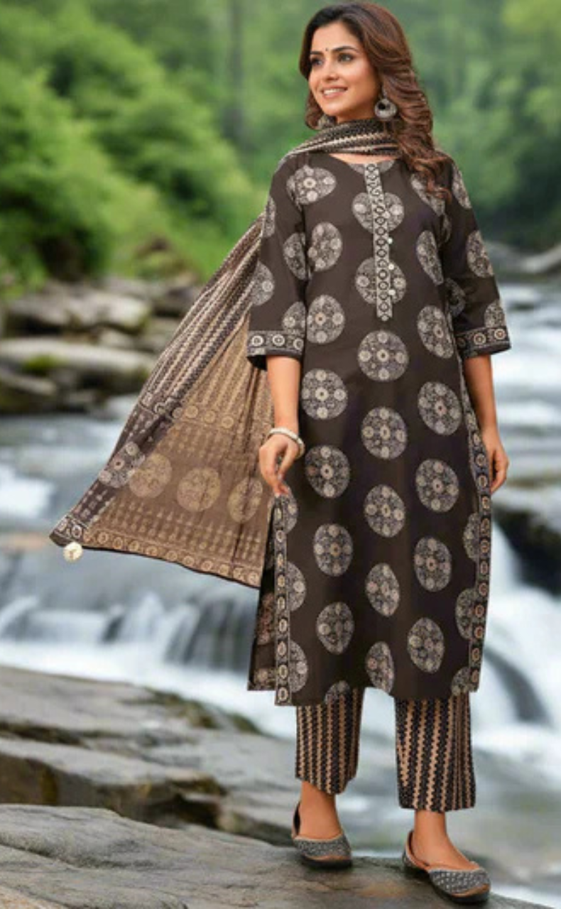 Black Ikkat Print Jaipur Cotton Kurti With Pant And Dupatta Set. Pure Versatile Cotton. | Laces and Frills - Laces and Frills