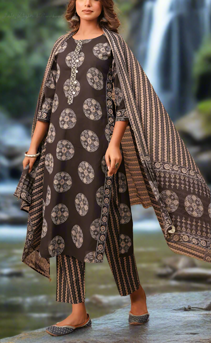 Black Ikkat Print Jaipur Cotton Kurti With Pant And Dupatta Set. Pure Versatile Cotton. | Laces and Frills
