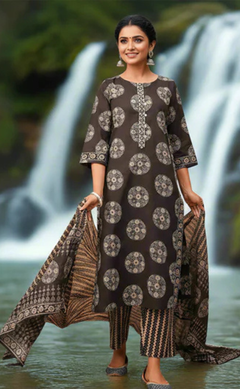 Black Ikkat Print Jaipur Cotton Kurti With Pant And Dupatta Set. Pure Versatile Cotton. | Laces and Frills - Laces and Frills