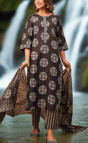 Black Ikkat Print Jaipur Cotton Kurti With Pant And Dupatta Set. Pure Versatile Cotton. | Laces and Frills
