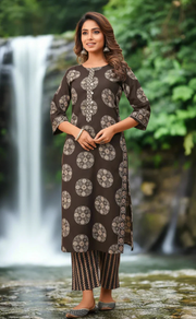 Black Ikkat Print Jaipur Cotton Kurti With Pant And Dupatta Set. Pure Versatile Cotton. | Laces and Frills - Laces and Frills