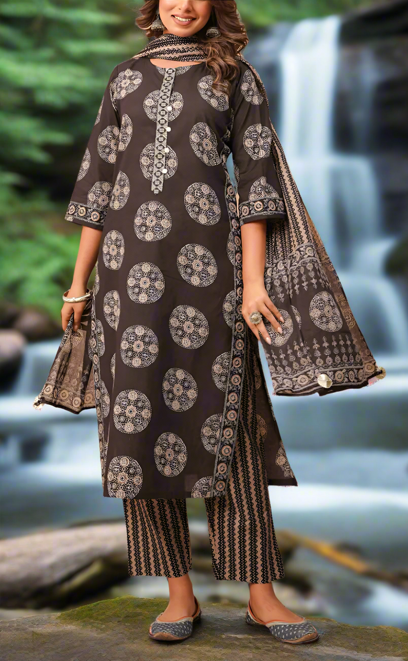 Black Ikkat Print Jaipur Cotton Kurti With Pant And Dupatta Set. Pure Versatile Cotton. | Laces and Frills