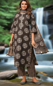 Black Ikkat Print Jaipur Cotton Kurti With Pant And Dupatta Set. Pure Versatile Cotton. | Laces and Frills - Laces and Frills