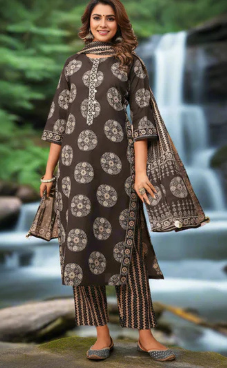 Black Ikkat Print Jaipur Cotton Kurti With Pant And Dupatta Set. Pure Versatile Cotton. | Laces and Frills - Laces and Frills