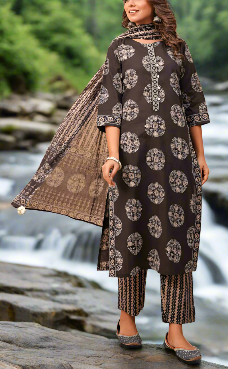 Black Ikkat Print Jaipur Cotton Kurti With Pant And Dupatta Set. Pure Versatile Cotton. | Laces and Frills