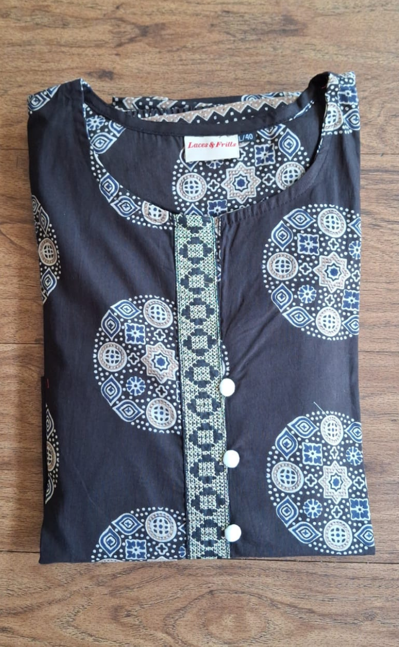 Black Ikkat Print Jaipur Cotton Kurti With Pant And Dupatta Set. Pure Versatile Cotton. | Laces and Frills