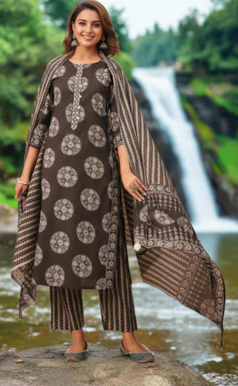 Black Ikkat Print Jaipur Cotton Kurti With Pant And Dupatta Set. Pure Versatile Cotton. | Laces and Frills - Laces and Frills