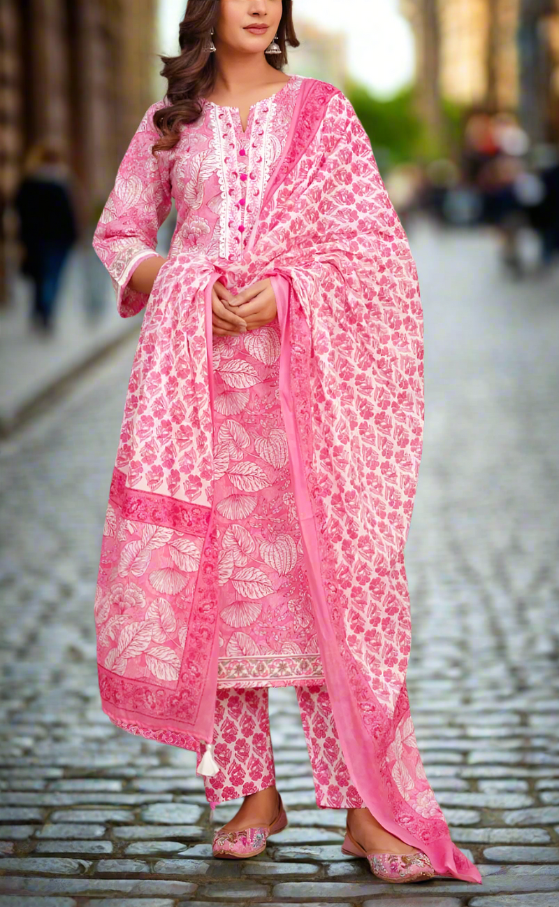 Pink Floral Jaipur Cotton Kurti With Pant And Dupatta Set. Pure Versatile Cotton. | Laces and Frills