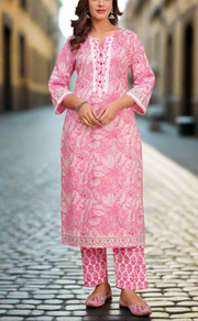 Pink Floral Jaipur Cotton Kurti With Pant And Dupatta Set. Pure Versatile Cotton. | Laces and Frills