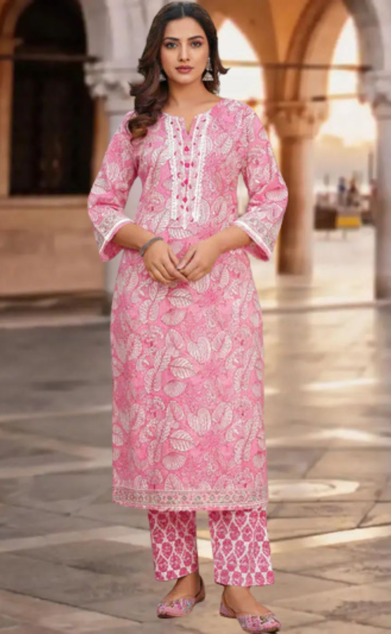 Pink Floral Jaipur Cotton Kurti With Pant And Dupatta Set. Pure Versatile Cotton. | Laces and Frills - Laces and Frills