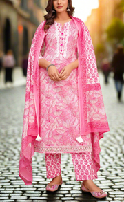 Pink Floral Jaipur Cotton Kurti With Pant And Dupatta Set. Pure Versatile Cotton. | Laces and Frills