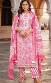 Pink Floral Jaipur Cotton Kurti With Pant And Dupatta Set. Pure Versatile Cotton. | Laces and Frills - Laces and Frills
