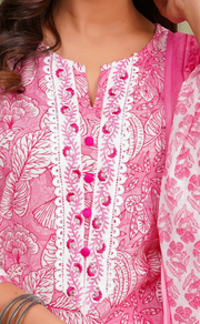 Pink Floral Jaipur Cotton Kurti With Pant And Dupatta Set. Pure Versatile Cotton. | Laces and Frills