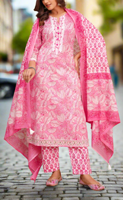 Pink Floral Jaipur Cotton Kurti With Pant And Dupatta Set. Pure Versatile Cotton. | Laces and Frills