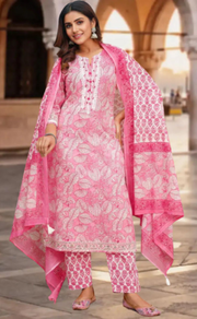 Pink Floral Jaipur Cotton Kurti With Pant And Dupatta Set. Pure Versatile Cotton. | Laces and Frills - Laces and Frills