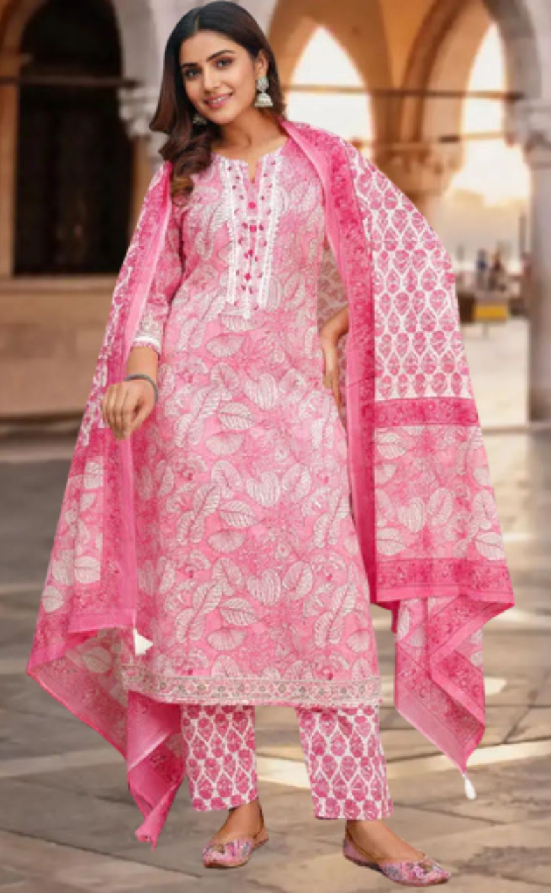 Pink Floral Jaipur Cotton Kurti With Pant And Dupatta Set. Pure Versatile Cotton. | Laces and Frills - Laces and Frills