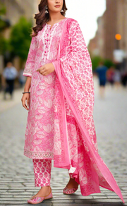 Pink Floral Jaipur Cotton Kurti With Pant And Dupatta Set. Pure Versatile Cotton. | Laces and Frills