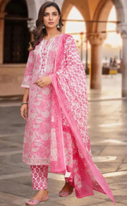 Pink Floral Jaipur Cotton Kurti With Pant And Dupatta Set. Pure Versatile Cotton. | Laces and Frills - Laces and Frills