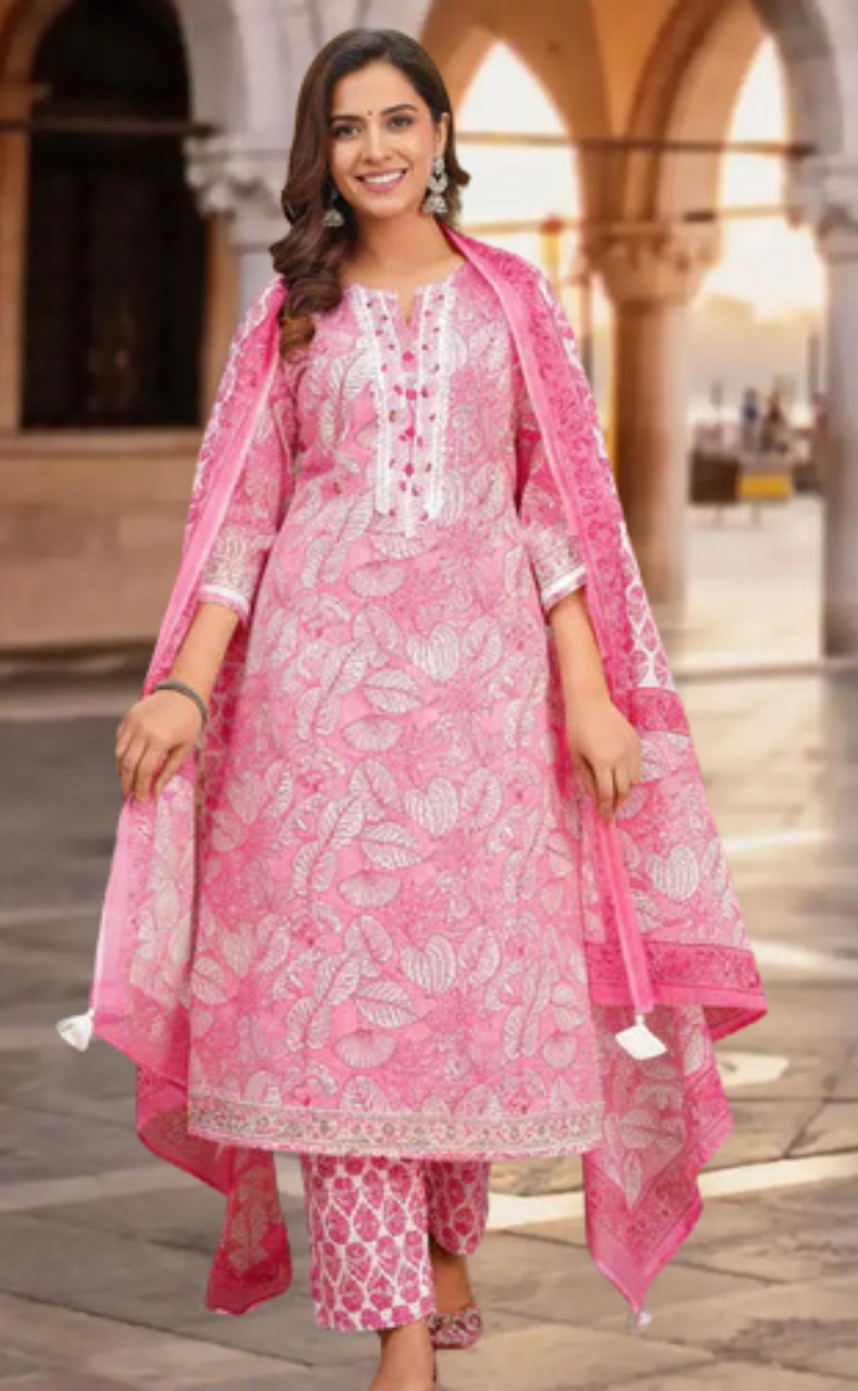 Pink Floral Jaipur Cotton Kurti With Pant And Dupatta Set. Pure Versatile Cotton. | Laces and Frills - Laces and Frills