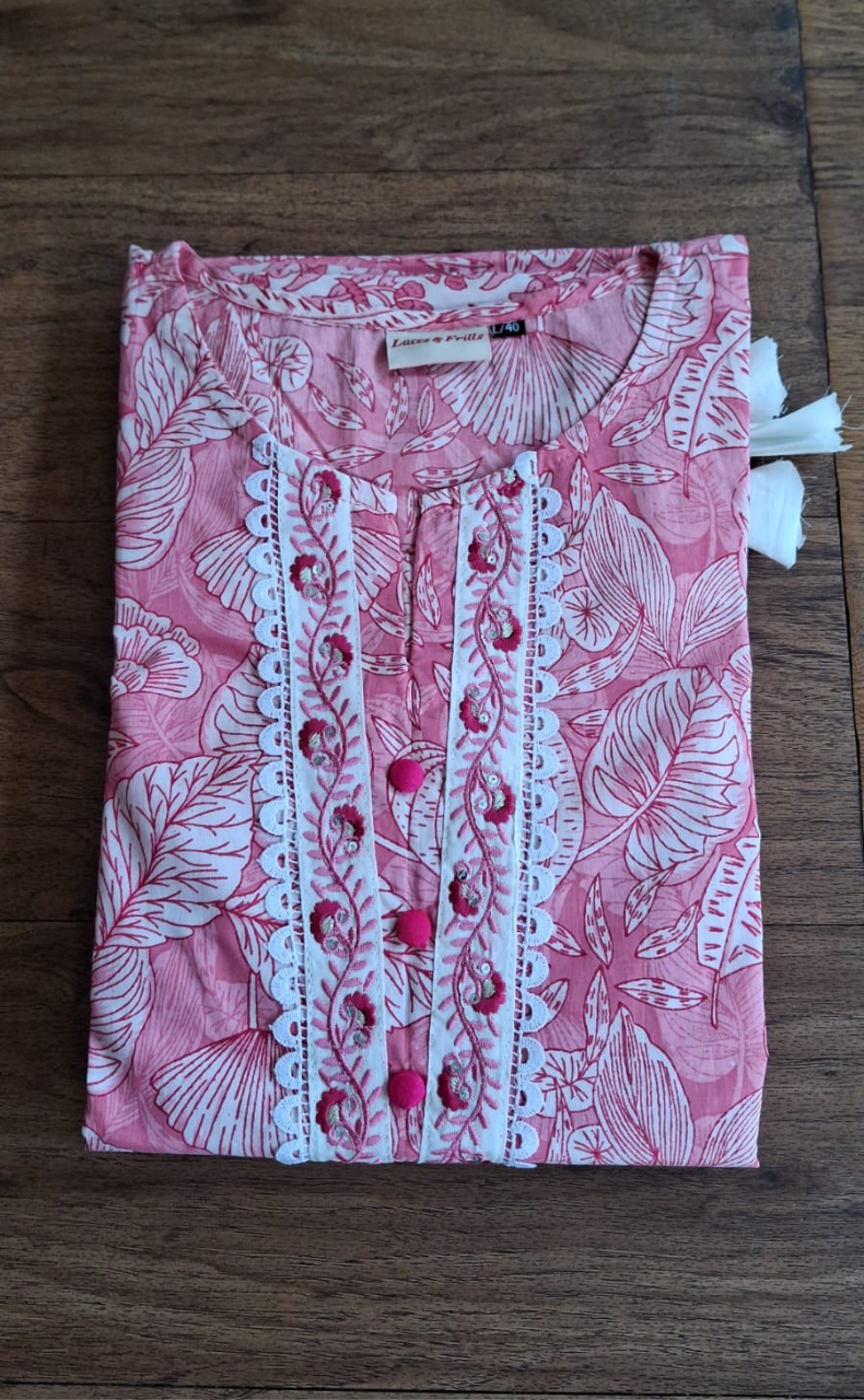 Pink Floral Jaipur Cotton Kurti With Pant And Dupatta Set. Pure Versatile Cotton. | Laces and Frills