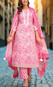 Pink Floral Jaipur Cotton Kurti With Pant And Dupatta Set. Pure Versatile Cotton. | Laces and Frills
