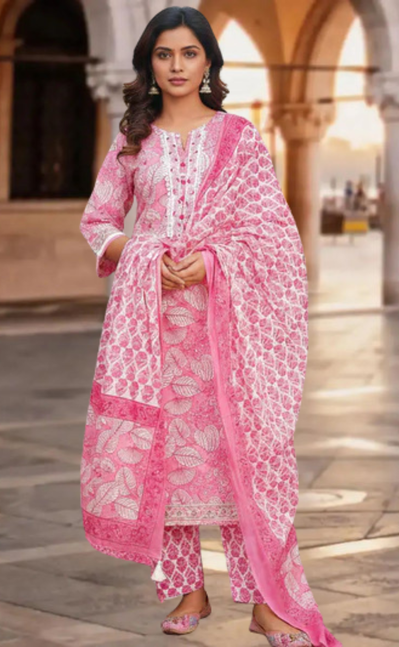 Pink Floral Jaipur Cotton Kurti With Pant And Dupatta Set. Pure Versatile Cotton. | Laces and Frills - Laces and Frills